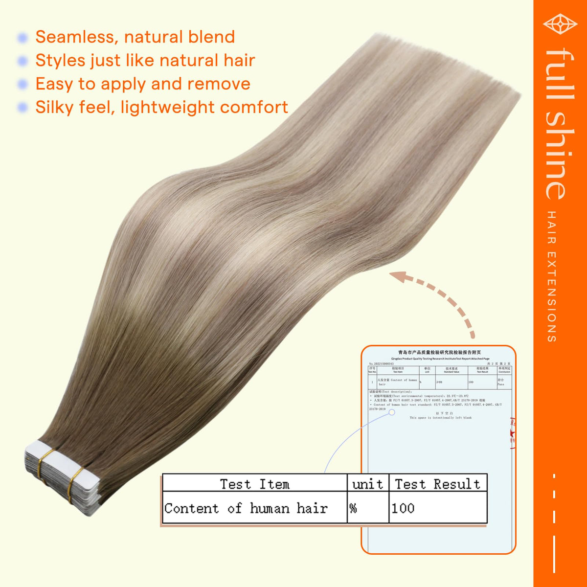 Close-up of Full Shine Tape in Hair Extensions showing the tape