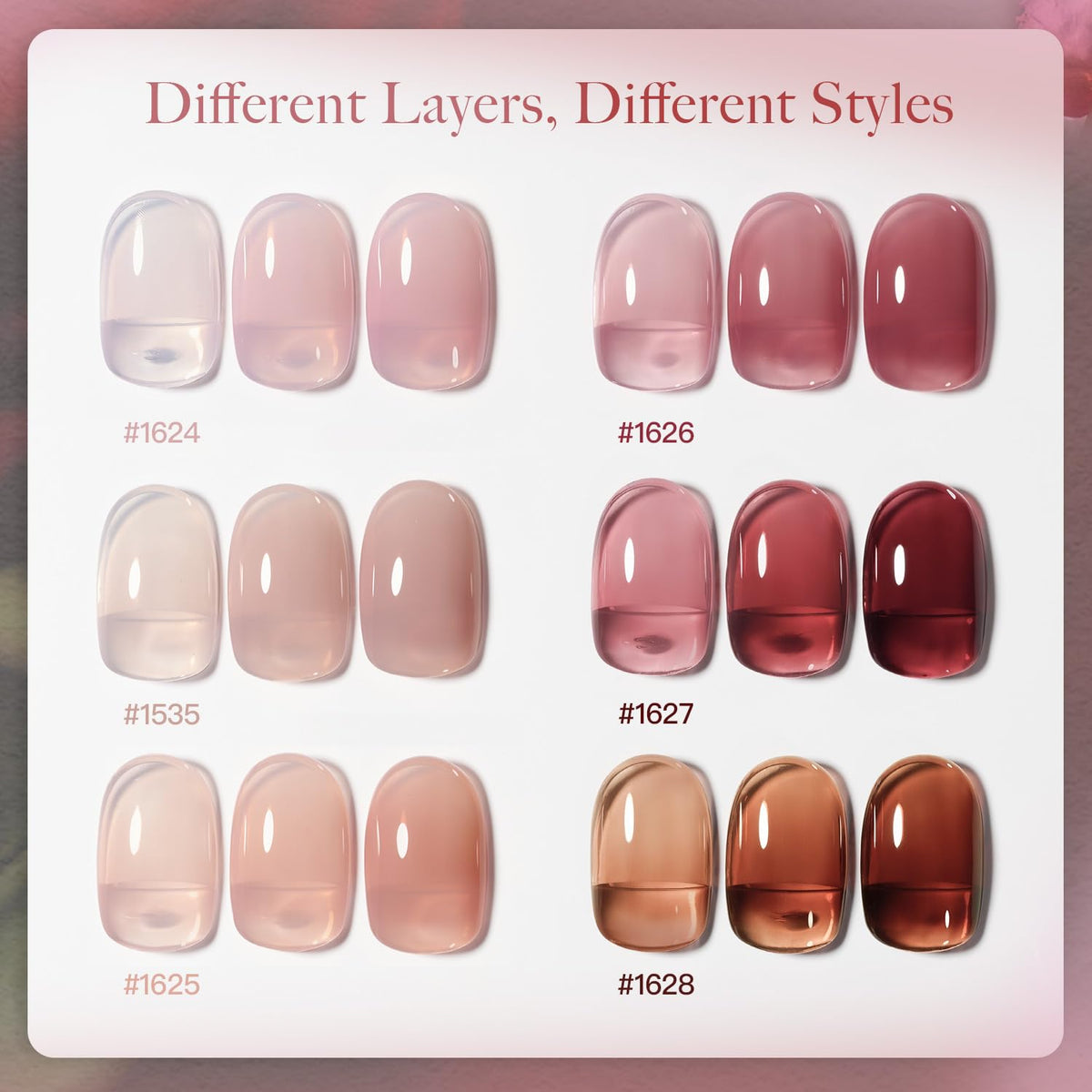 Close-up of GAOY gel nail polish bottles in nude, red, pink, and brown