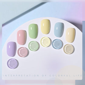 Close-up of GAOY gel nail polish bottles in pastel colours
