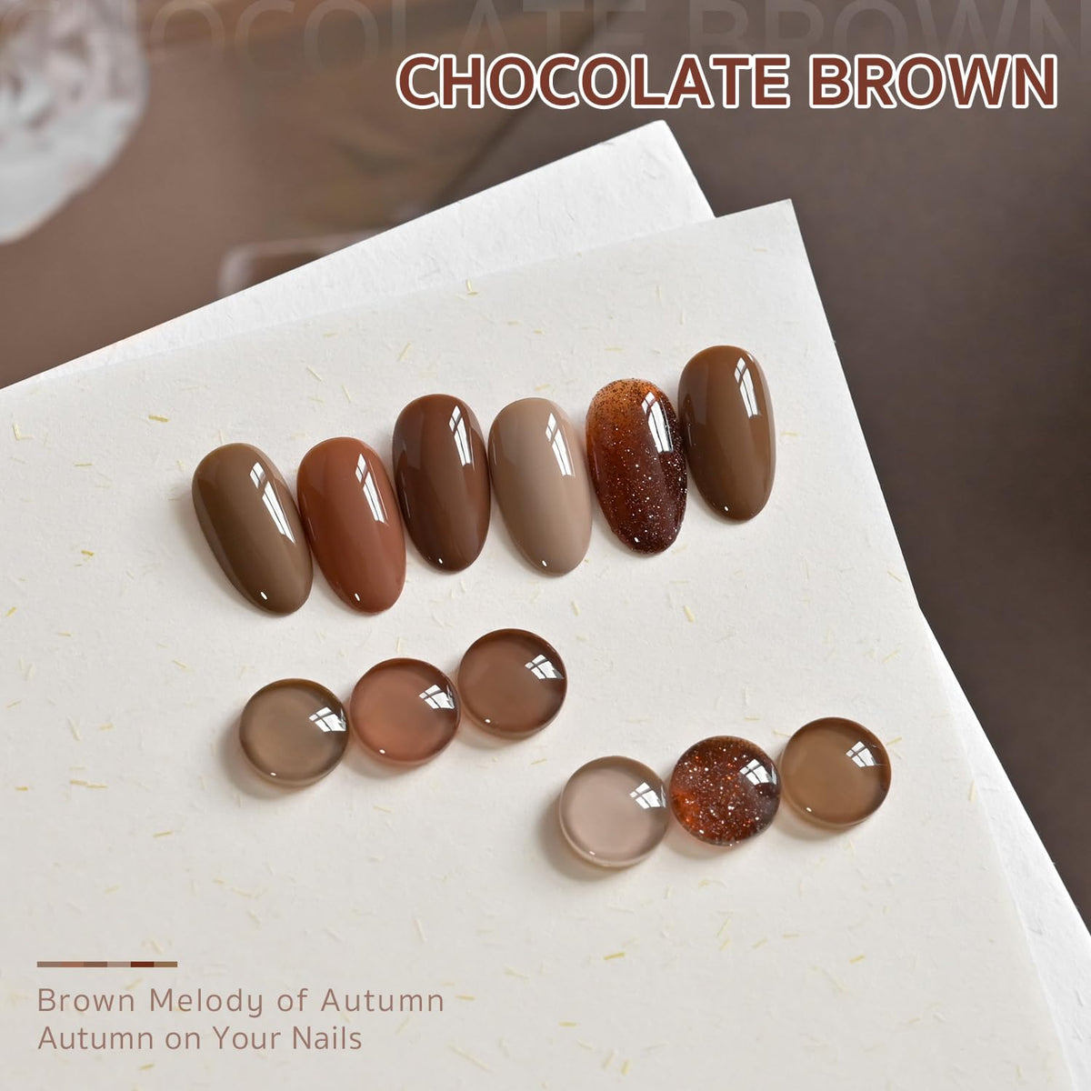 Close-up of GAOY gel nail polish bottles showing rich brown and tan shades