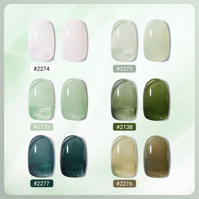 Close-up of GAOY gel polish bottles in emerald green