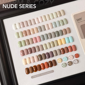 Close-up of GAOY gel polish bottles in various neutral shades