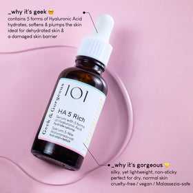 Close-up of Geek & Gorgeous HA 5 Rich Serum texture on hand