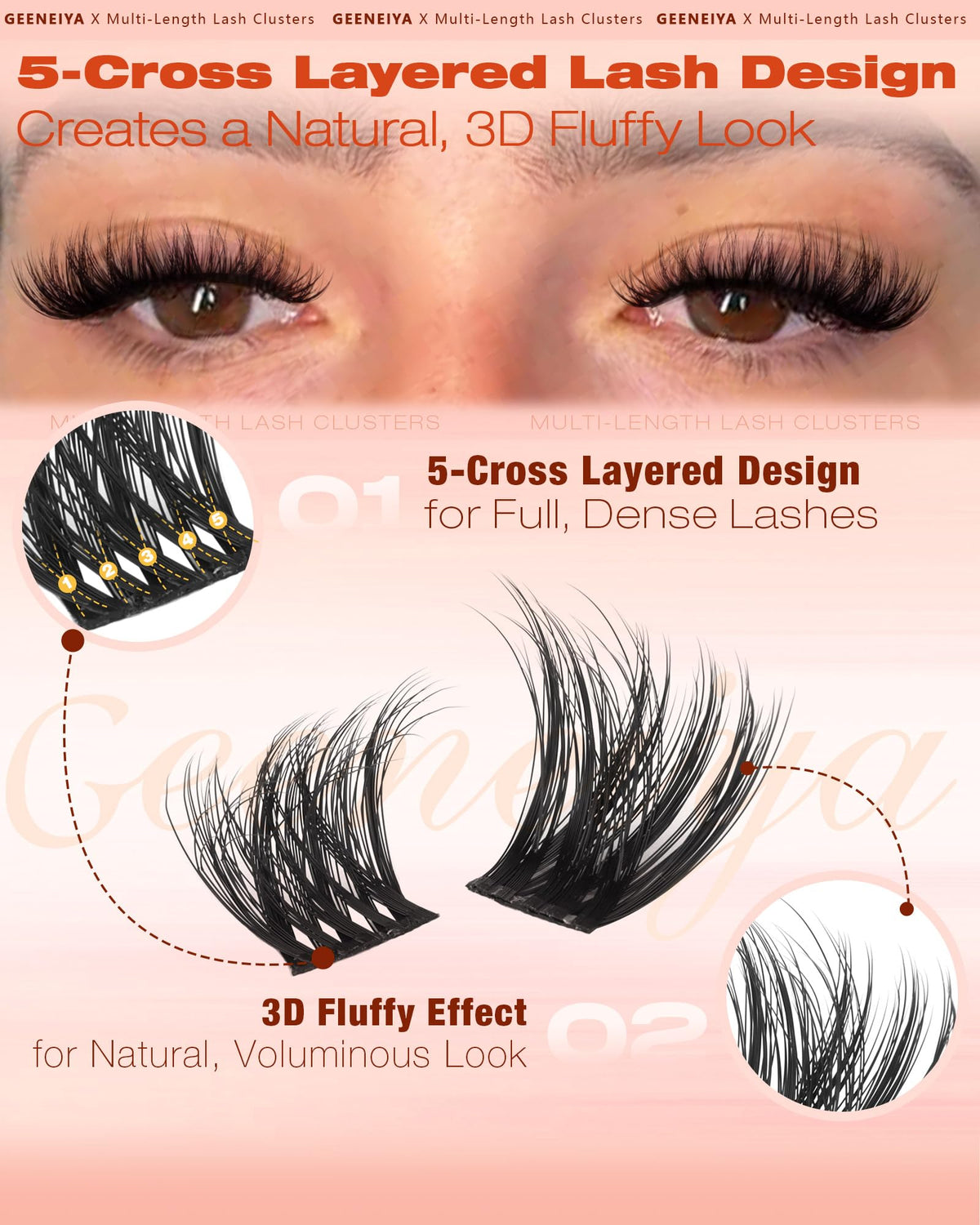 Close-up of Geeneiya fluffy lash clusters in various lengths