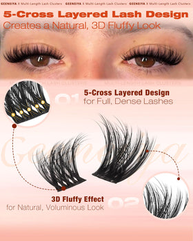 Close-up of Geeneiya fluffy lash clusters in various lengths
