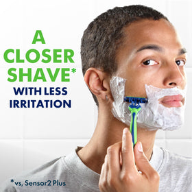 Close-up of Gillette Sensor3 razor showing three blades and pivoting head