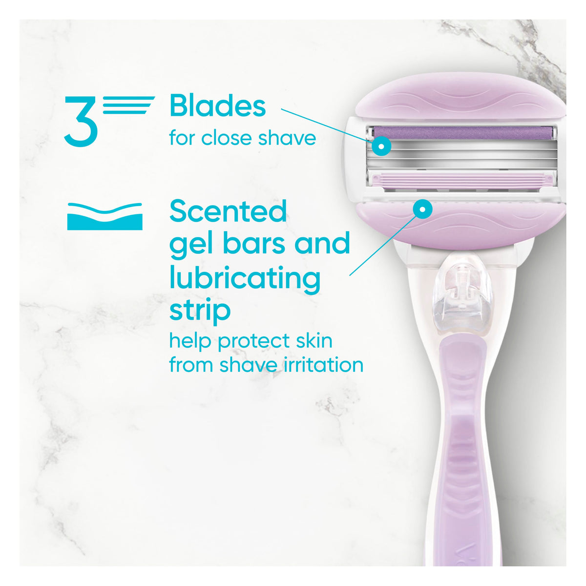 Close-up of Gillette Venus ComfortGlide Razor cartridge with shave gel bars