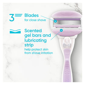 Close-up of Gillette Venus ComfortGlide Razor cartridge with shave gel bars