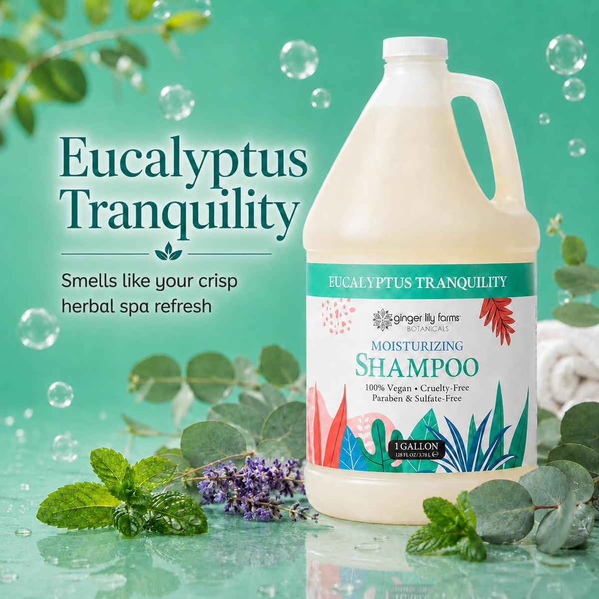 Close-up of Ginger Lily Farms Eucalyptus Tranquility Shampoo label