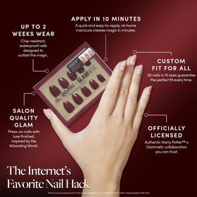 Close-up of Glamnetic Marauder's Map Press On Nails displaying deep scarlet hue