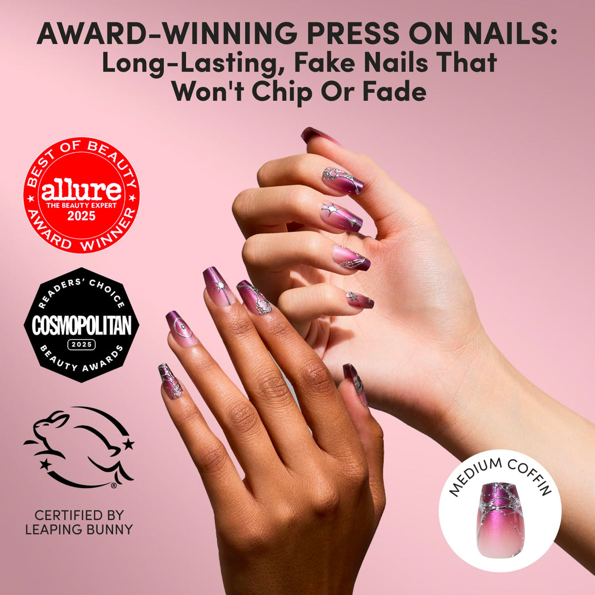 Close-up of Glamnetic pink and purple ombre press on nails