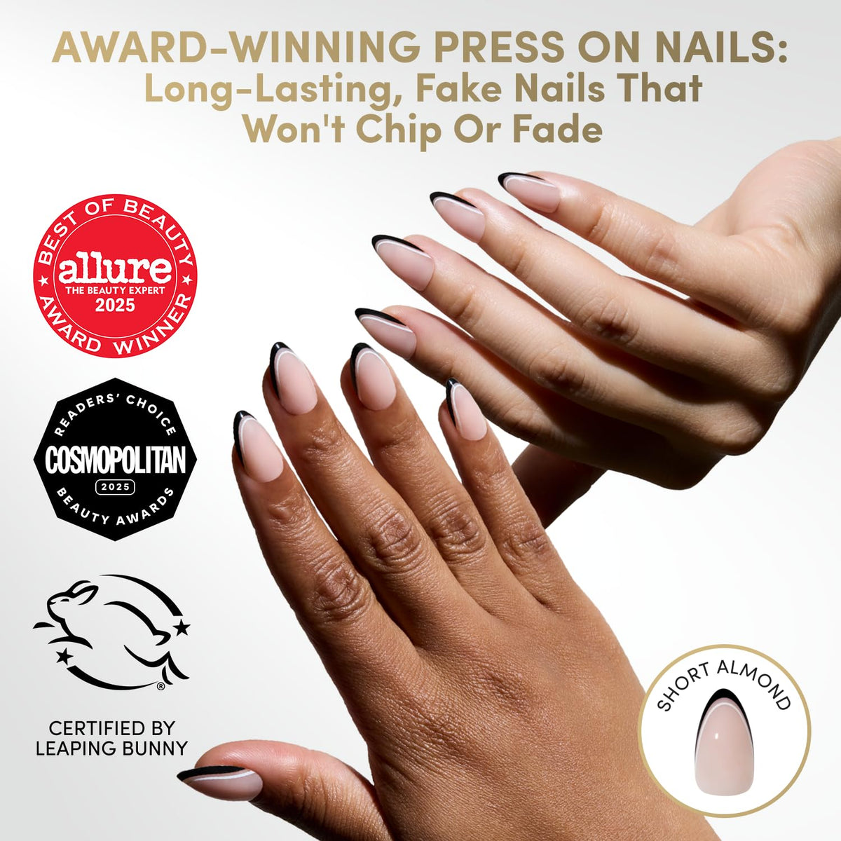 Close-up of Glamnetic Press On Nails showing black and white micro French tips