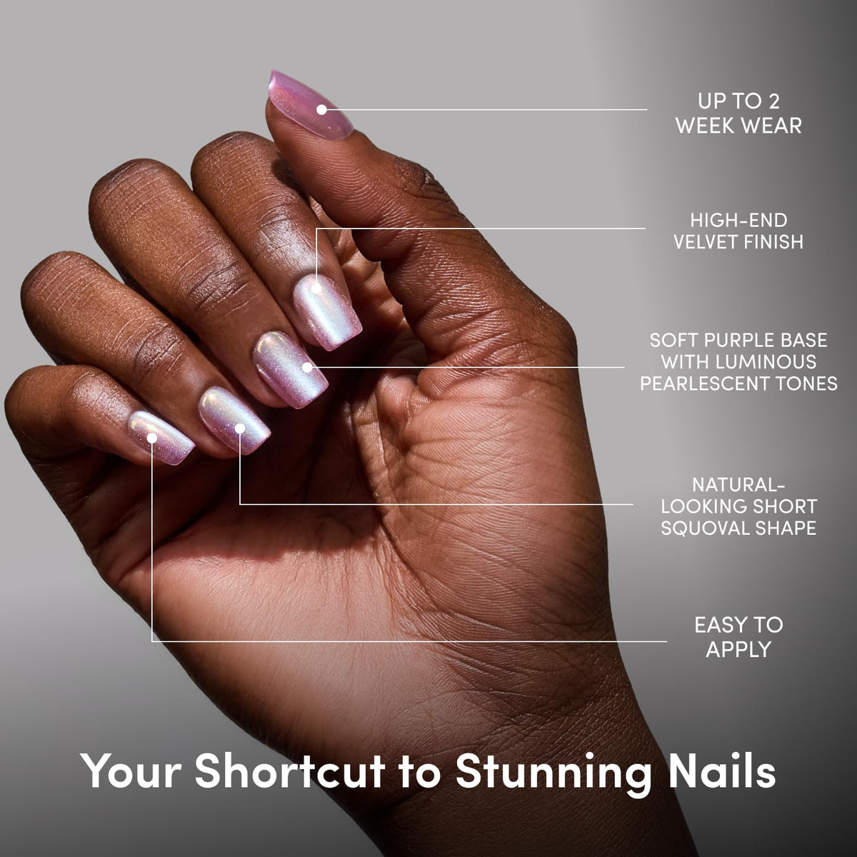 Close-up of Glamnetic Press On Nails showing pearlescent purple finish