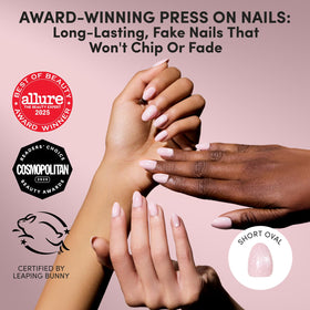 Close-up of Glamnetic Press On Nails showing velvet pink shimmer finish