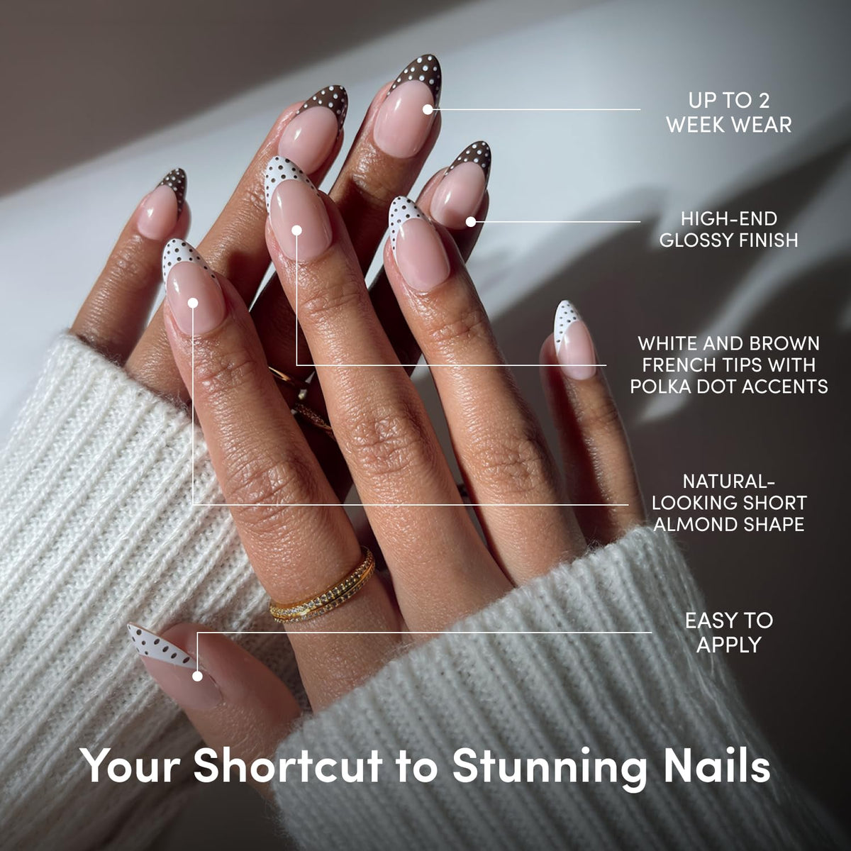 Close-up of Glamnetic Press On Nails with brown and white design