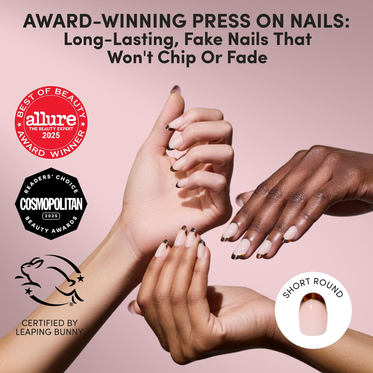 Close-up of Glamnetic Press On Nails with tortoiseshell French tips