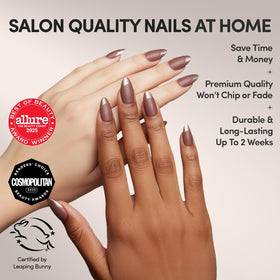 Close-up of Glamnetic Short Almond Matte Press On Nails with glossy French tip