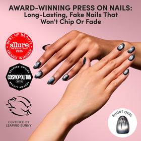 Close-up of Glamnetic silver velvet foil nails with French tips