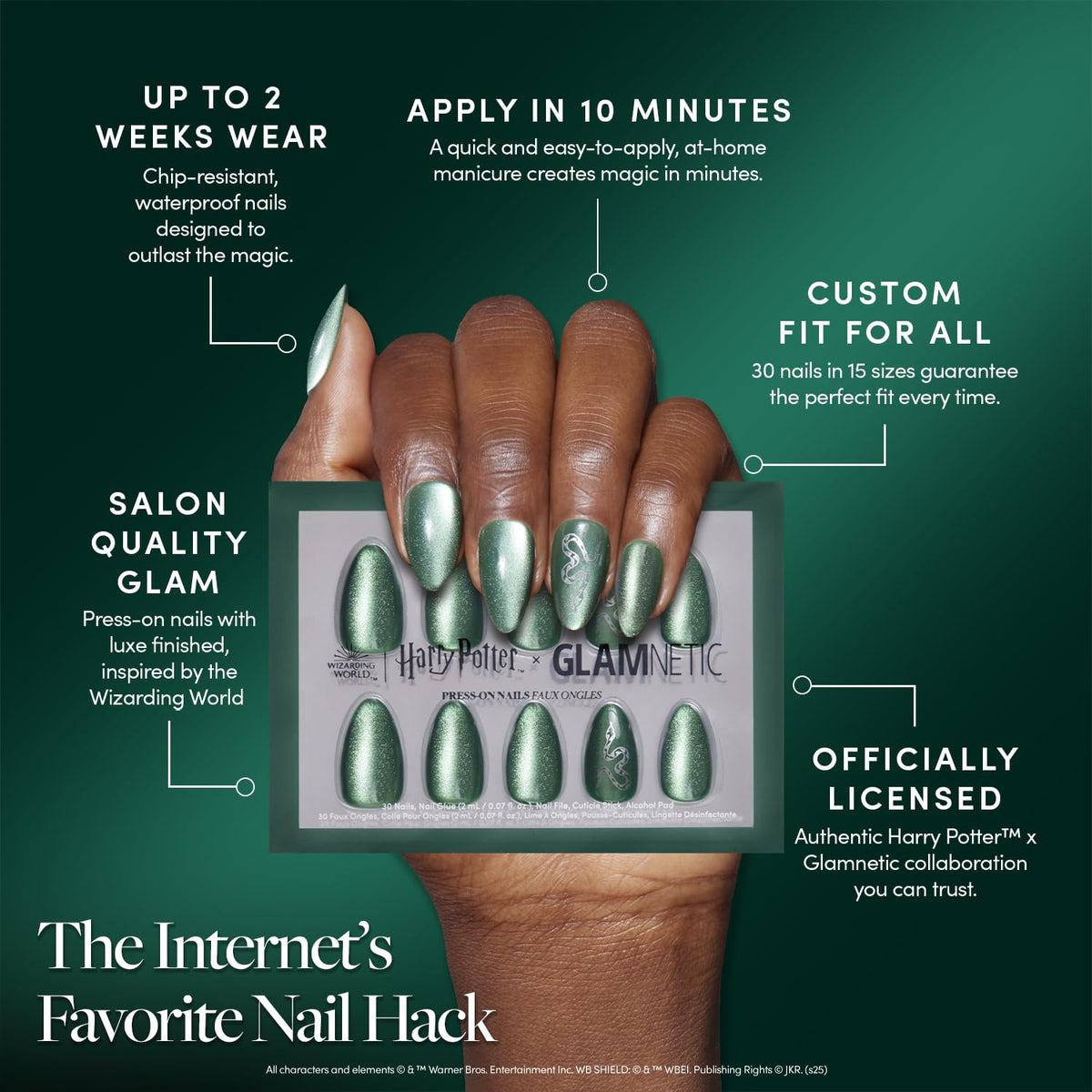 Close-up of Glamnetic Slytherin nails showing silver foil serpent