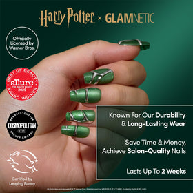 Close-up of Glamnetic Slytherin nails with green velvet design
