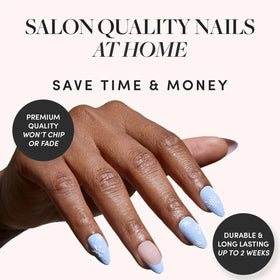 Close-up of Glamnetic Snow Bunny nails showing light blue French tips