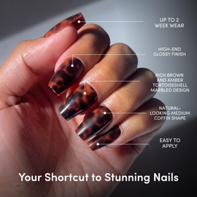 Close-up of Glamnetic tortoiseshell press on nails