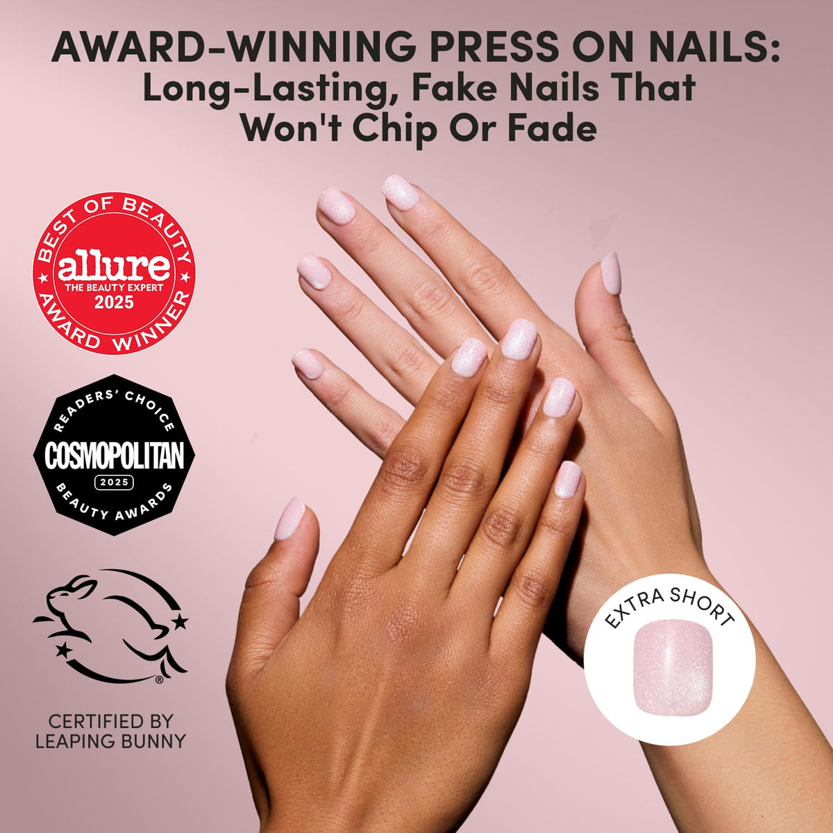 Close-up of Glamnetic Velvet Pink Shimmer press on nails