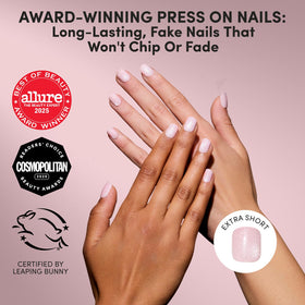 Close-up of Glamnetic Velvet Pink Shimmer press on nails
