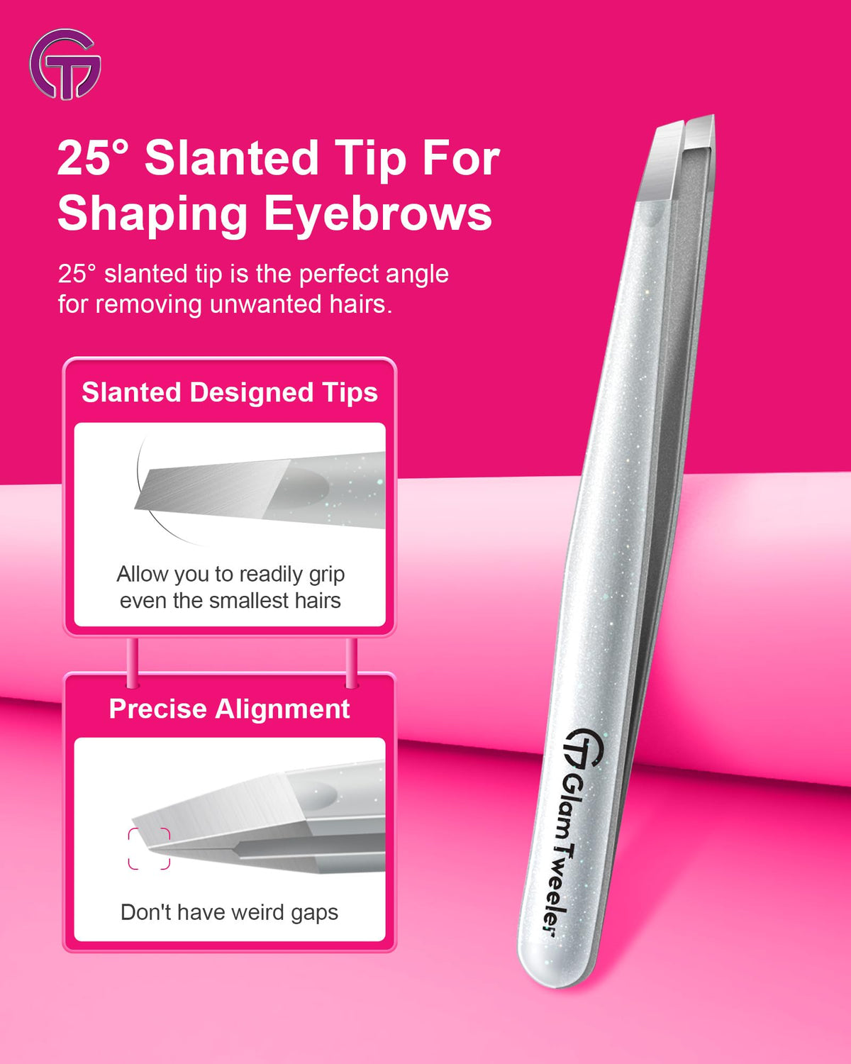 Close-up of GlamTweeler pointed tip tweezer