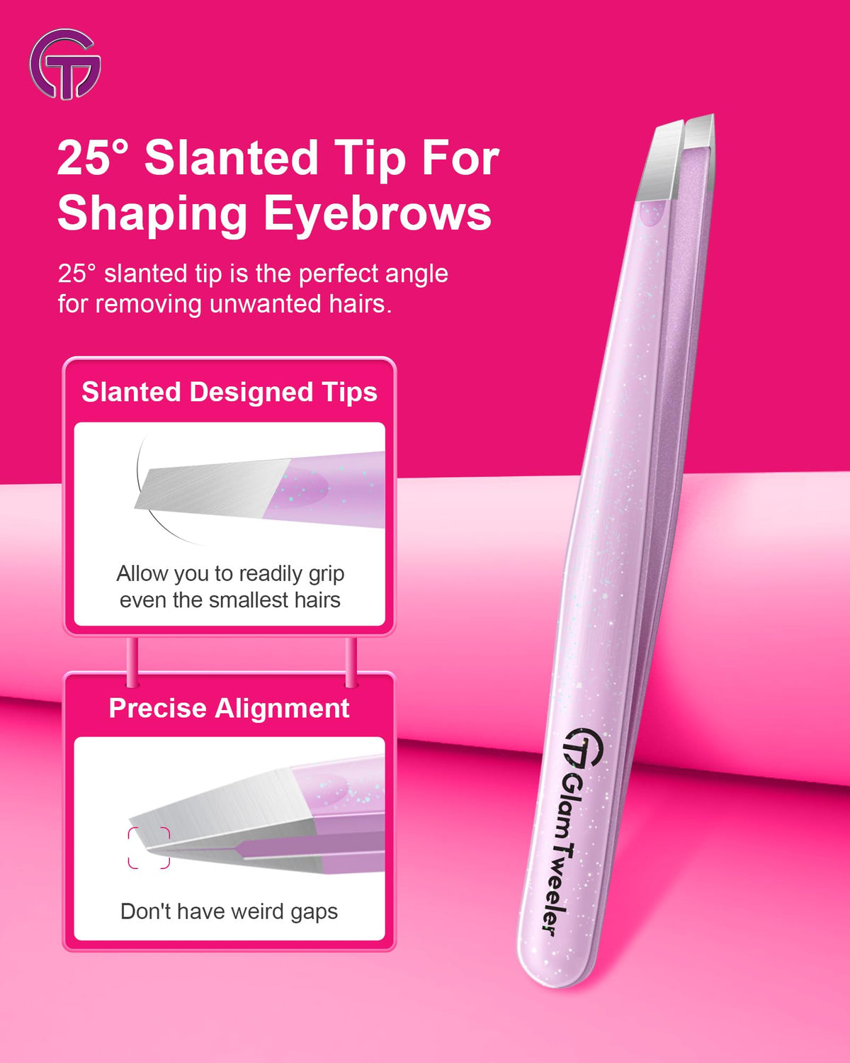 Close-up of GlamTweeler pointed tip tweezer
