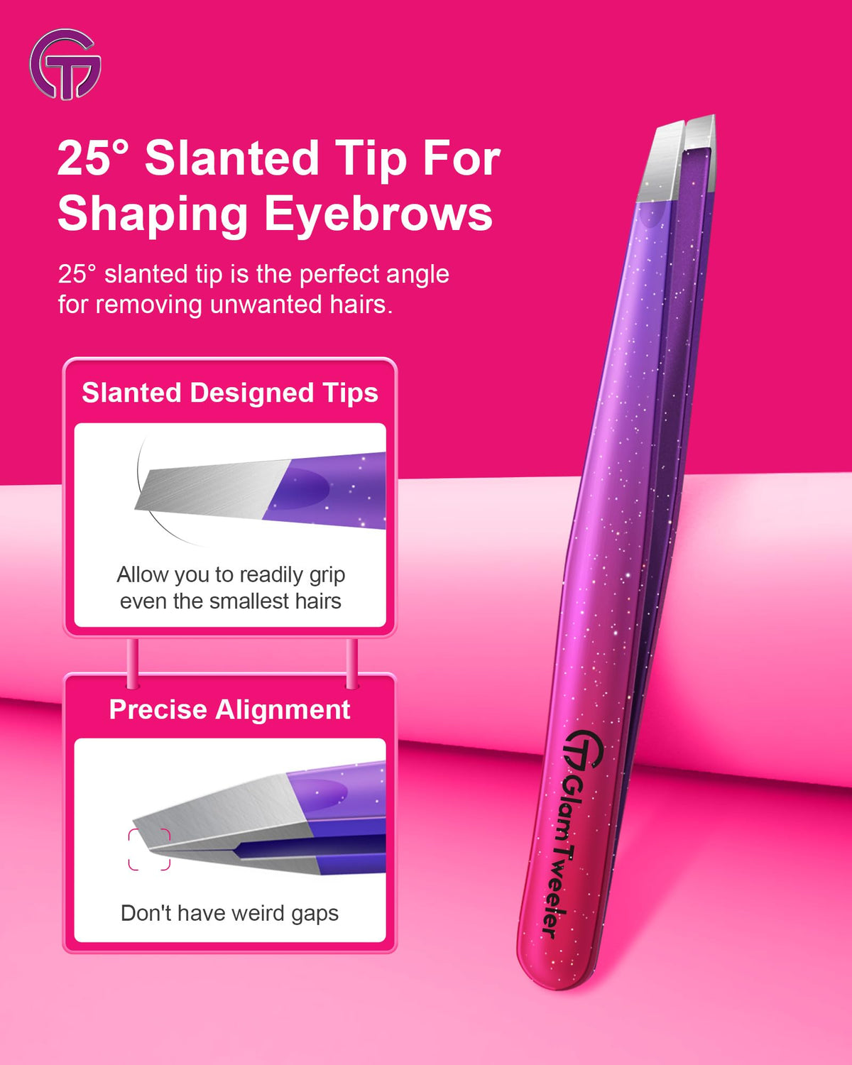 Close-up of GlamTweeler pointed tip tweezer
