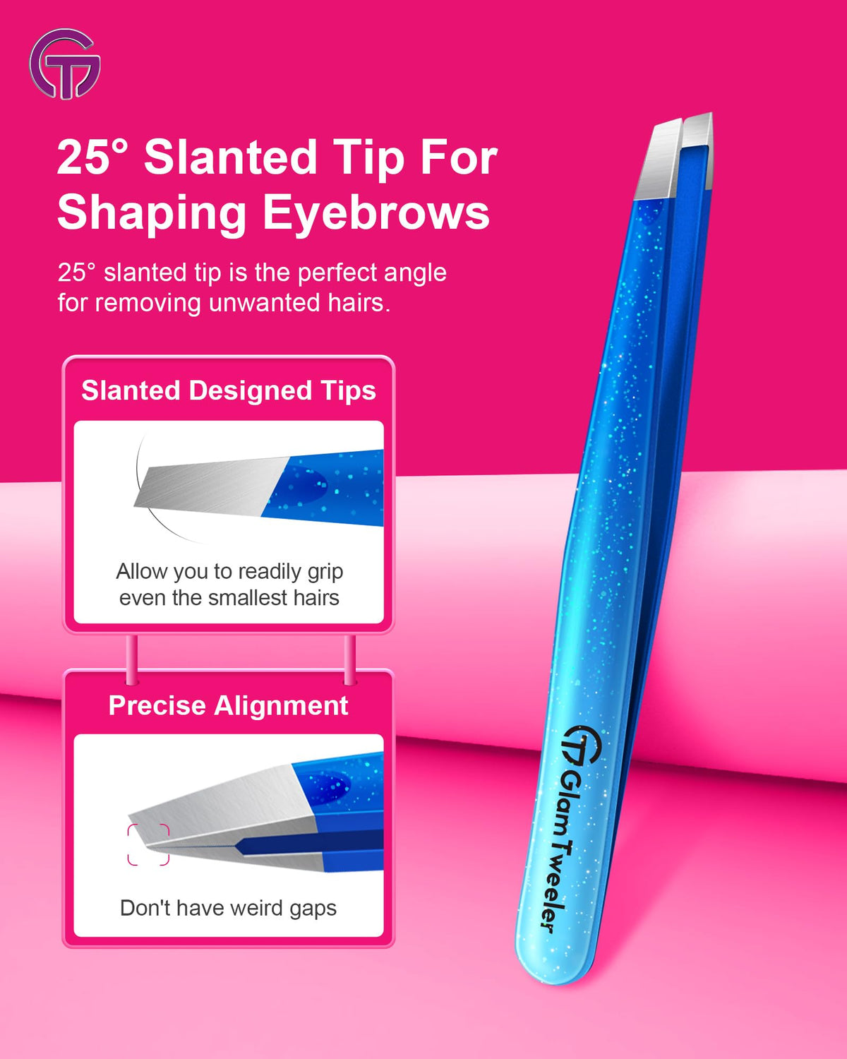 Close-up of GlamTweeler pointed tip tweezer