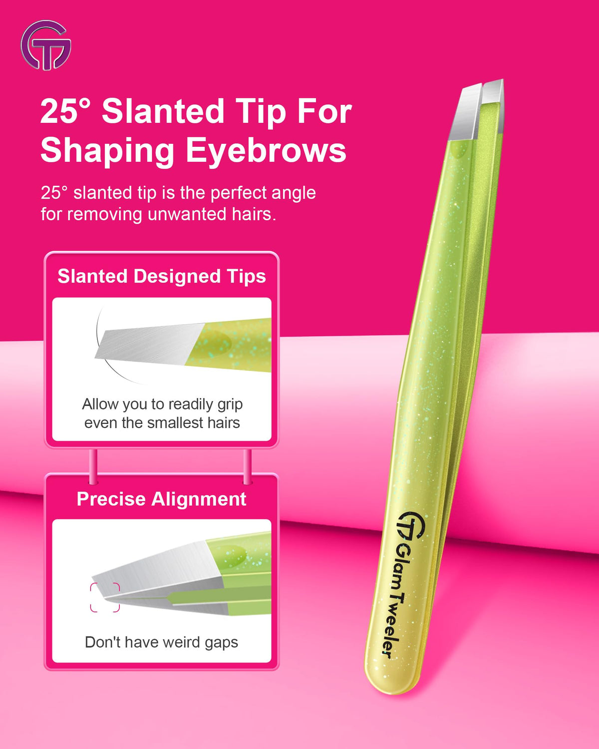 Close-up of GlamTweeler pointed tip tweezer in silver