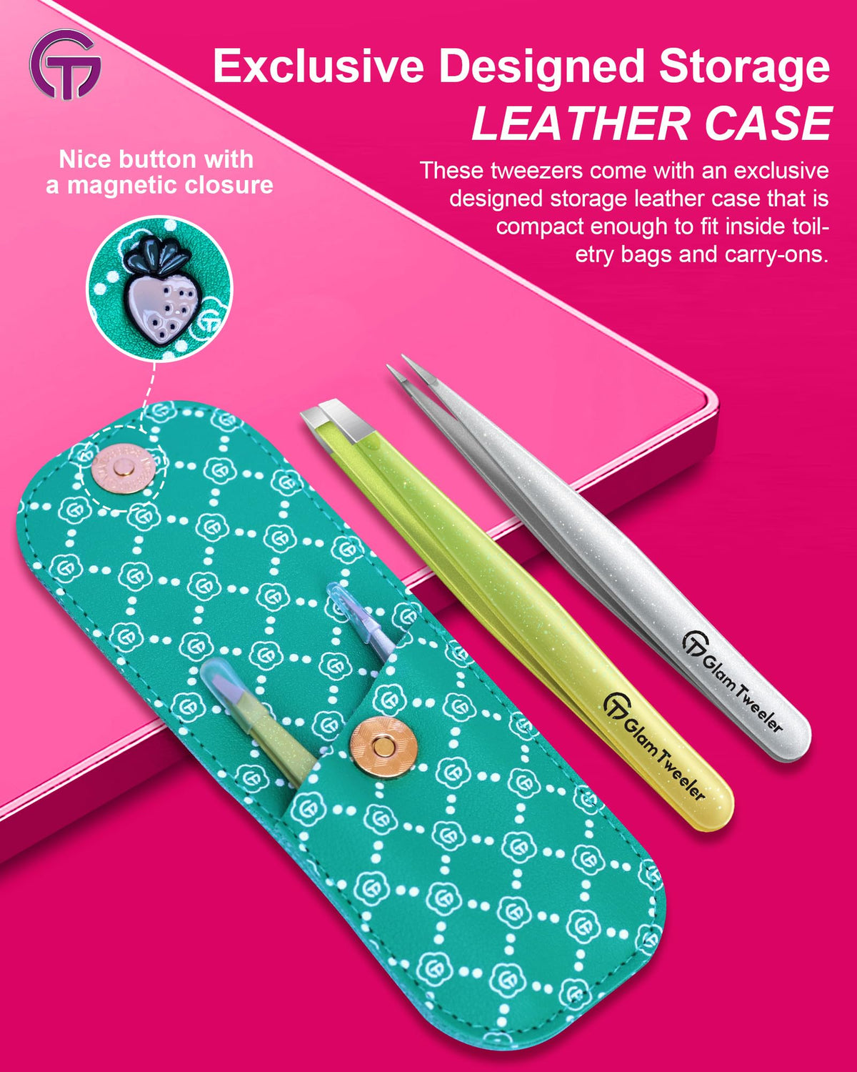 Close-up of GlamTweeler slant tip tweezer in sparkle apple green