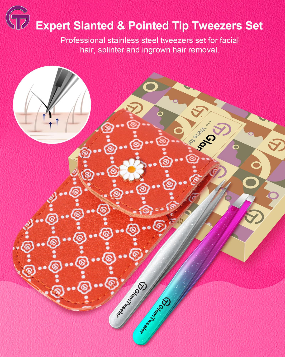 Close-up of GlamTweeler slant tip tweezer with matte finish