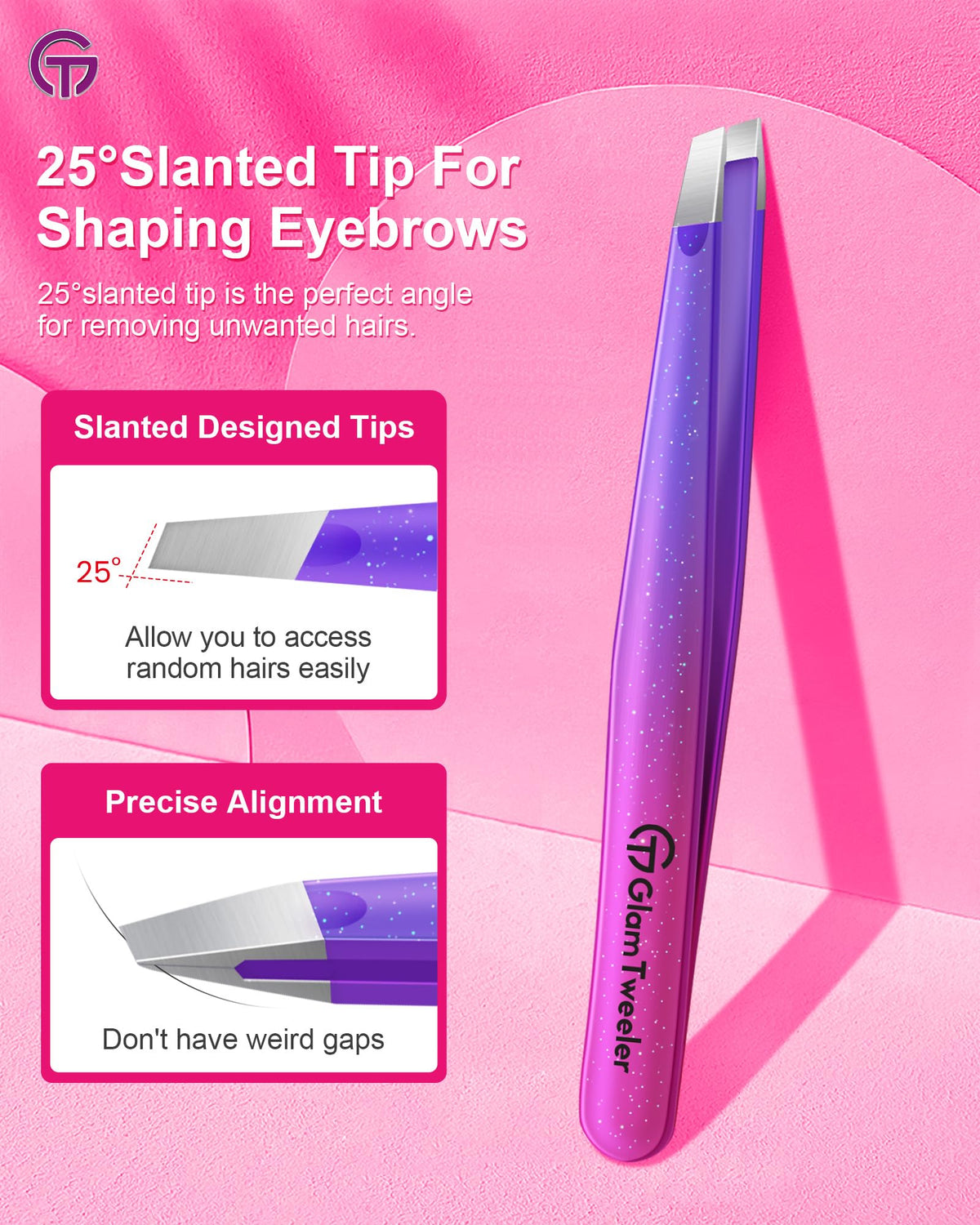 Close-up of GlamTweeler slant tip tweezers gripping fine hair