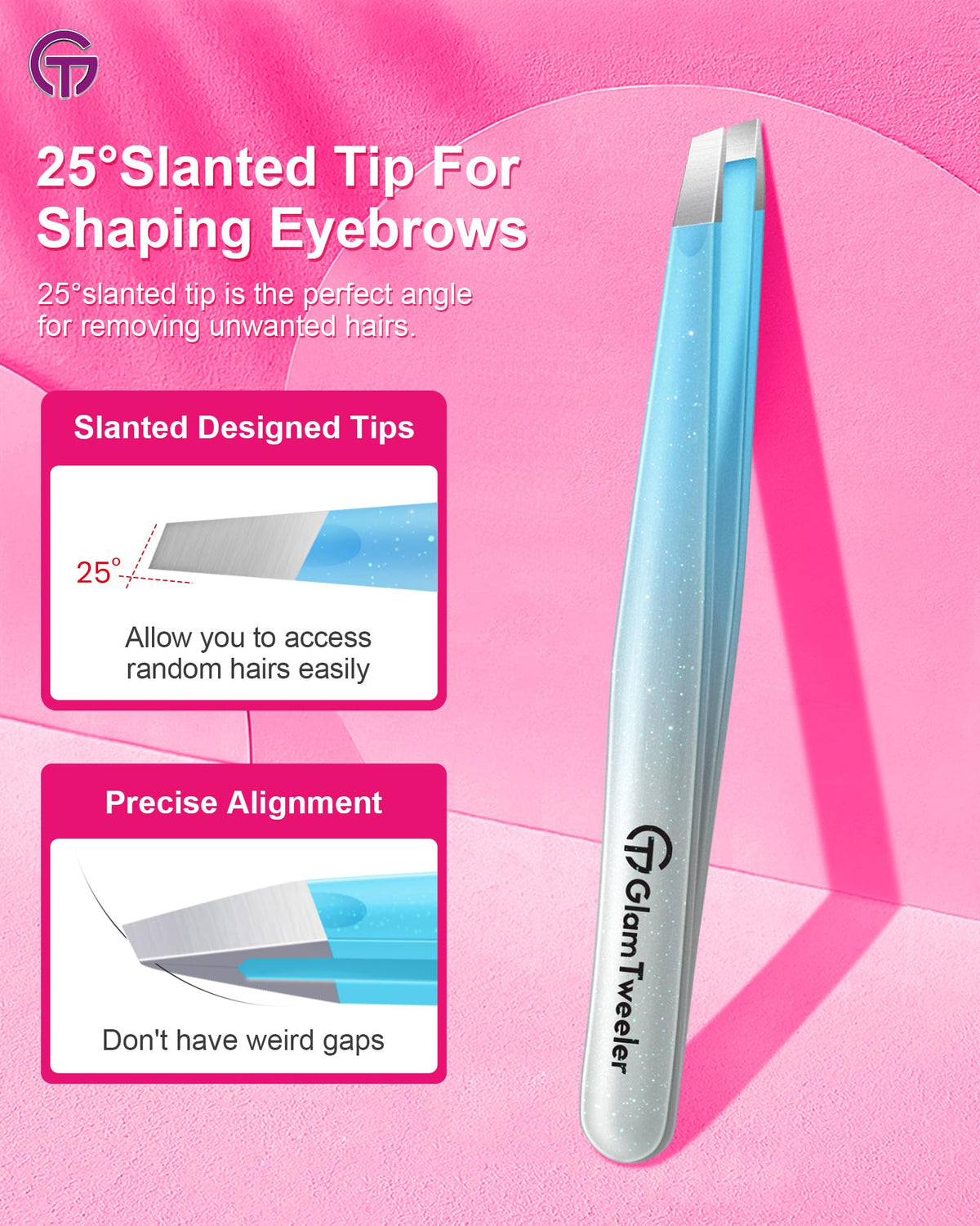 Close-up of GlamTweeler slant tip tweezers gripping hair