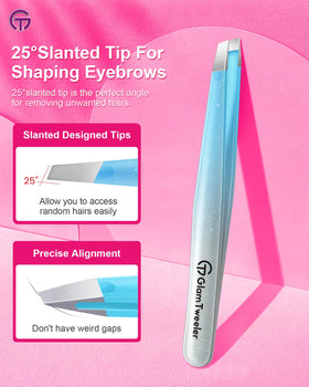 Close-up of GlamTweeler slant tip tweezers gripping hair