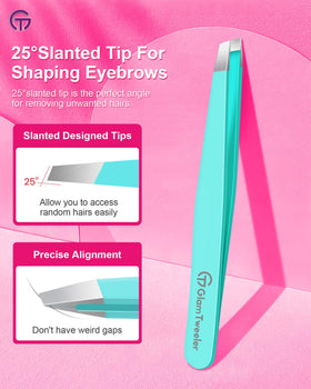 Close-up of GlamTweeler slant tip tweezers gripping hair