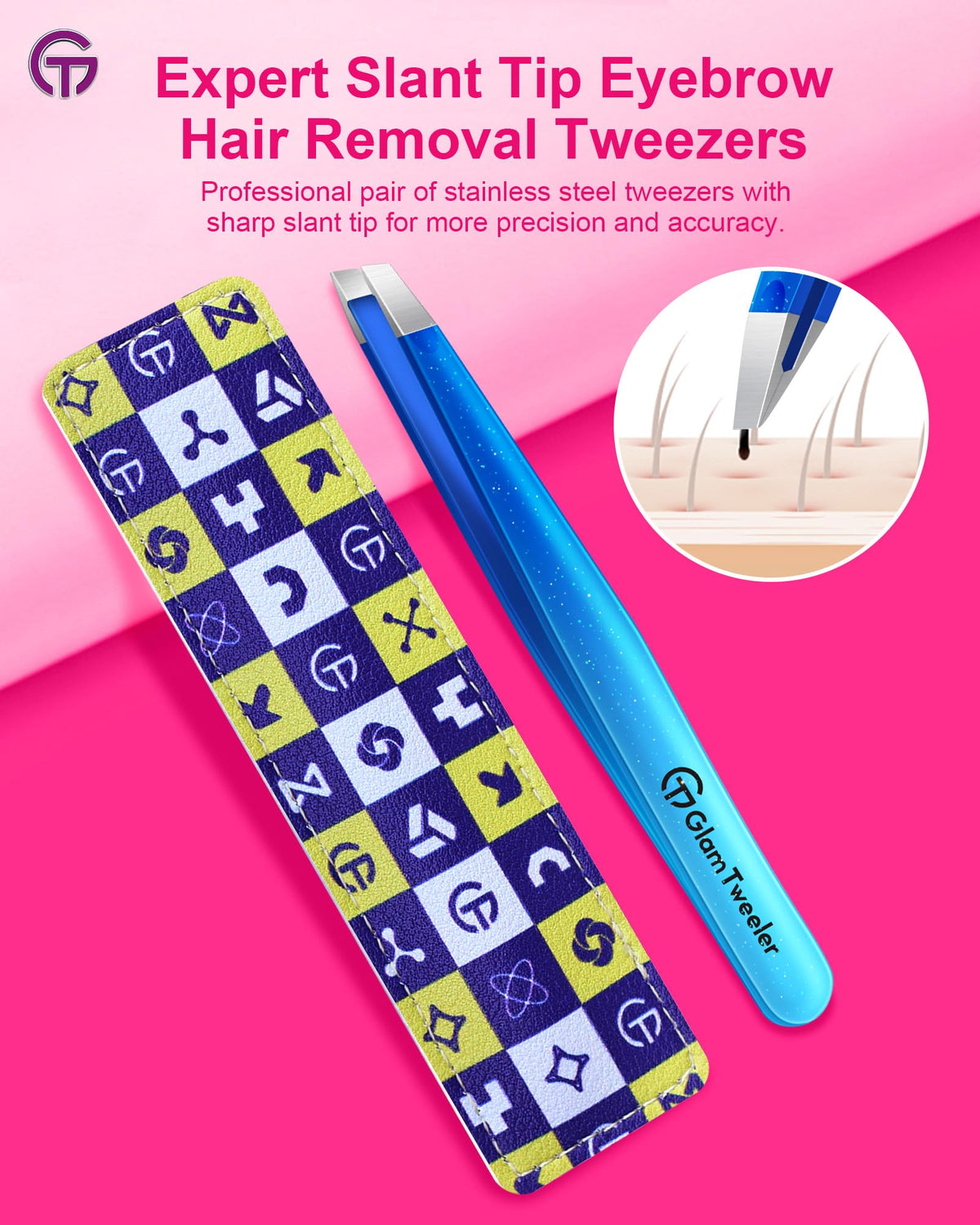 Close-up of GlamTweeler slant tip tweezers showing precision tips