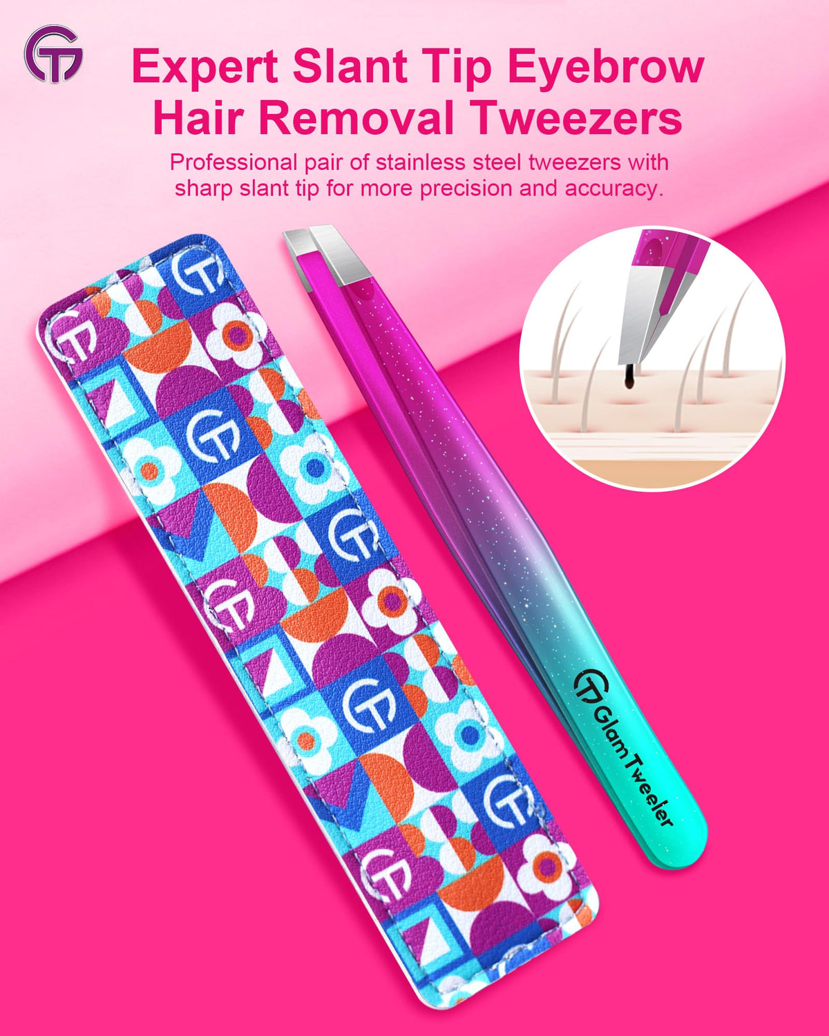 Close-up of GlamTweeler slant tip tweezers showing precision tips