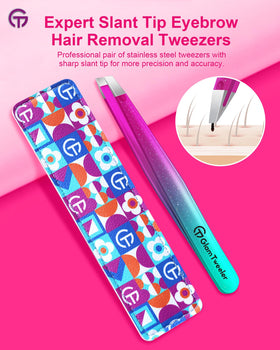Close-up of GlamTweeler slant tip tweezers showing precision tips