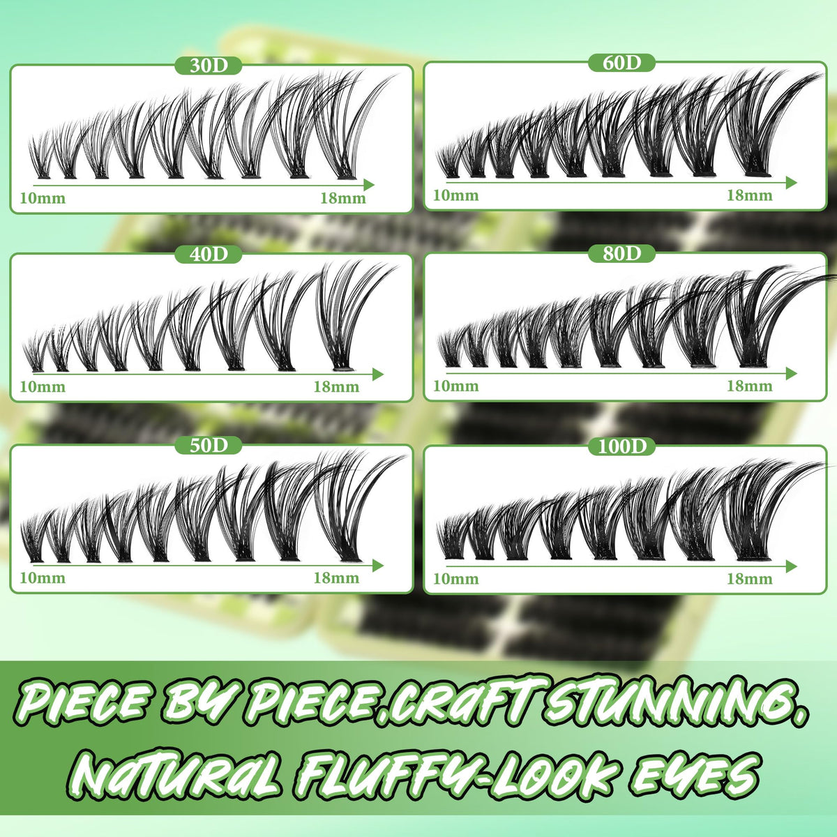 Close-up of Gmagictobo lash clusters in different volumes