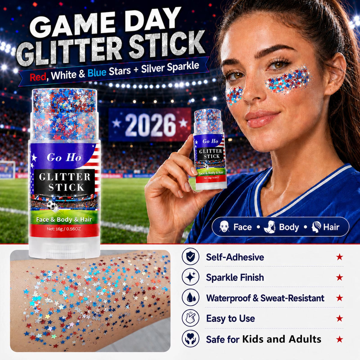 Close-up of Go Ho Glitter Stick with star sequins
