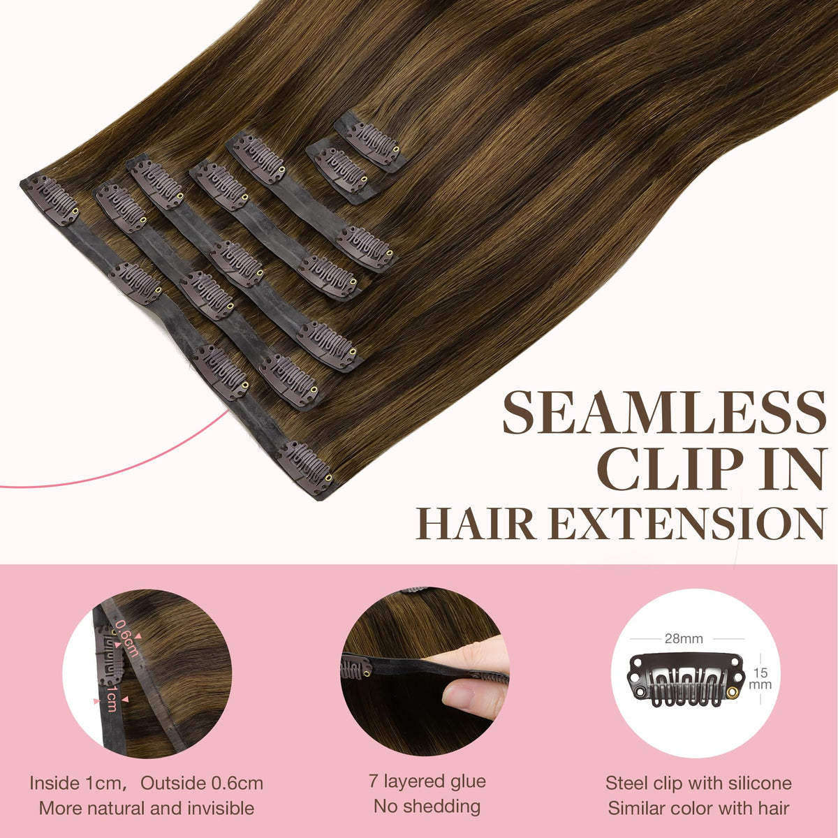 Close-up of GOO GOO Clip in Hair Extensions clips and texture