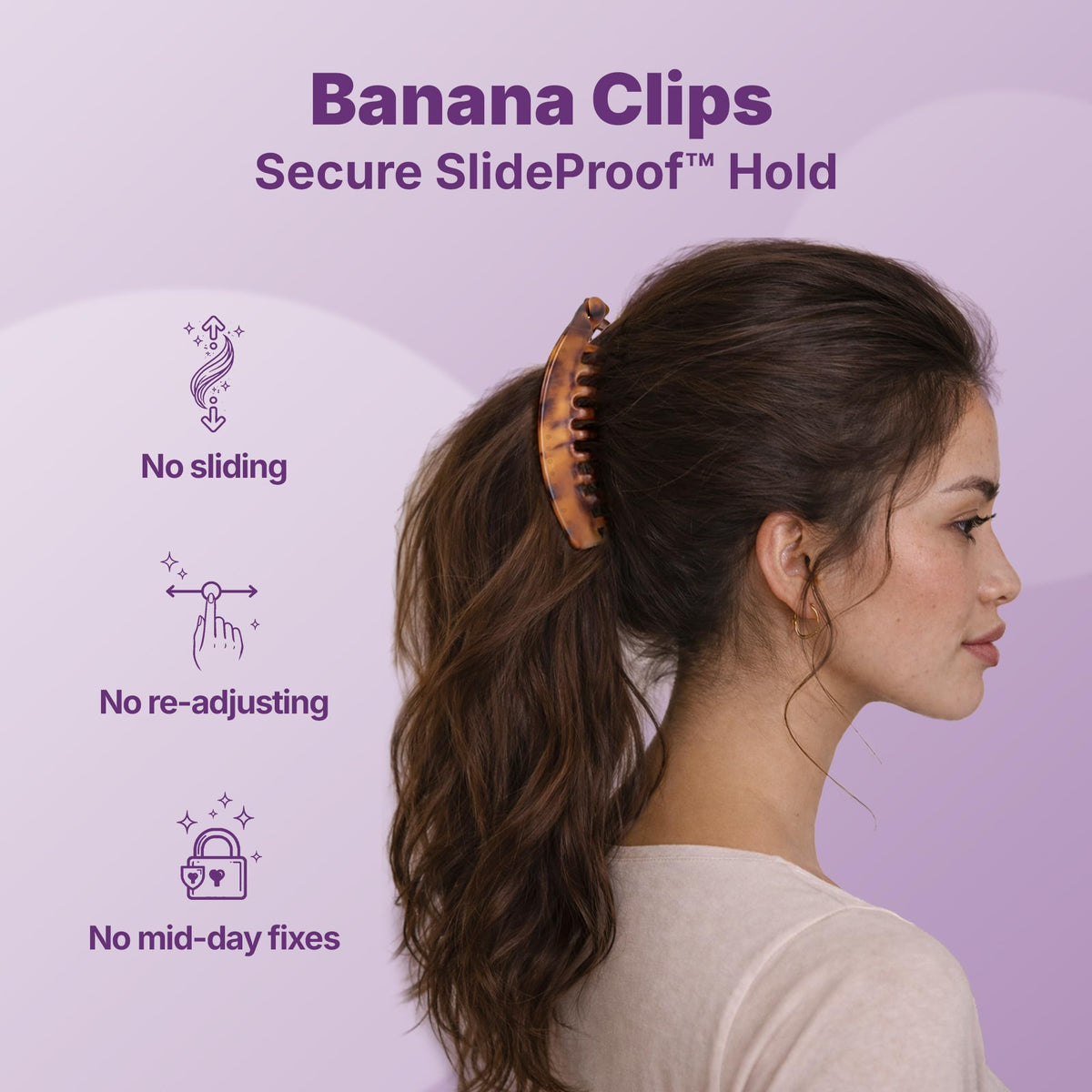 Close-up of GOODY banana clip showing SlideProof grip technology