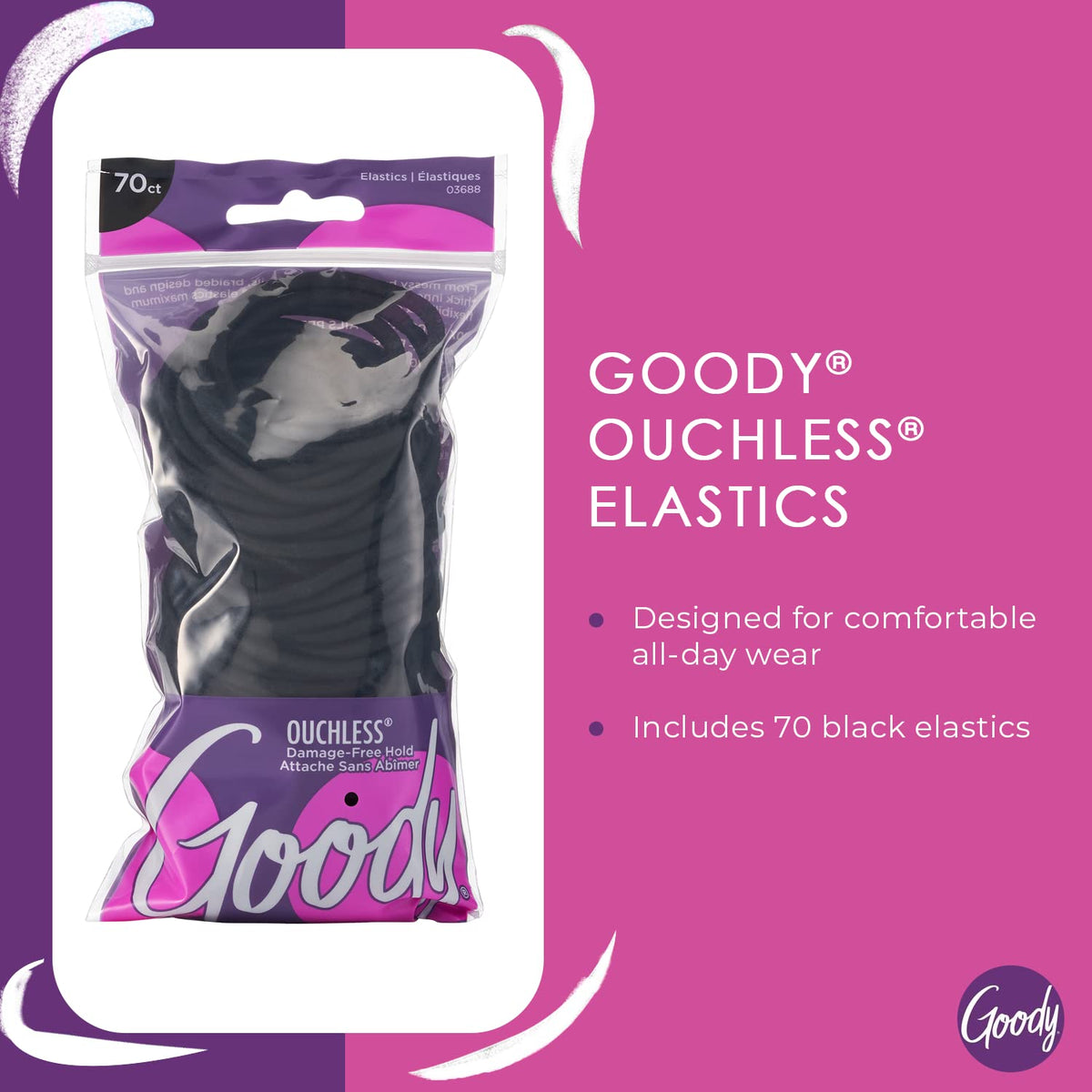 Close-up of GOODY Ouchless Hair Elastics showing no-metal design