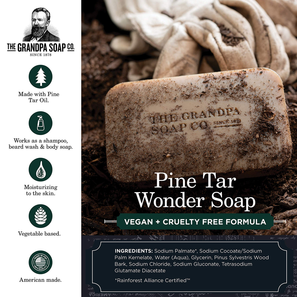 Close-up of Grandpa's Pine Tar Bar Soap showing texture