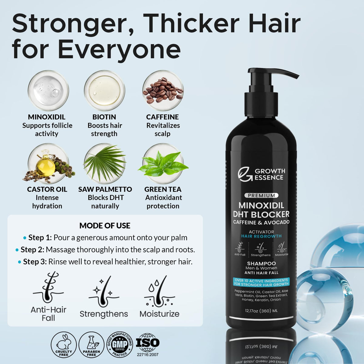Close-up of Growth Essence Minoxidil & Biotin Shampoo bottle
