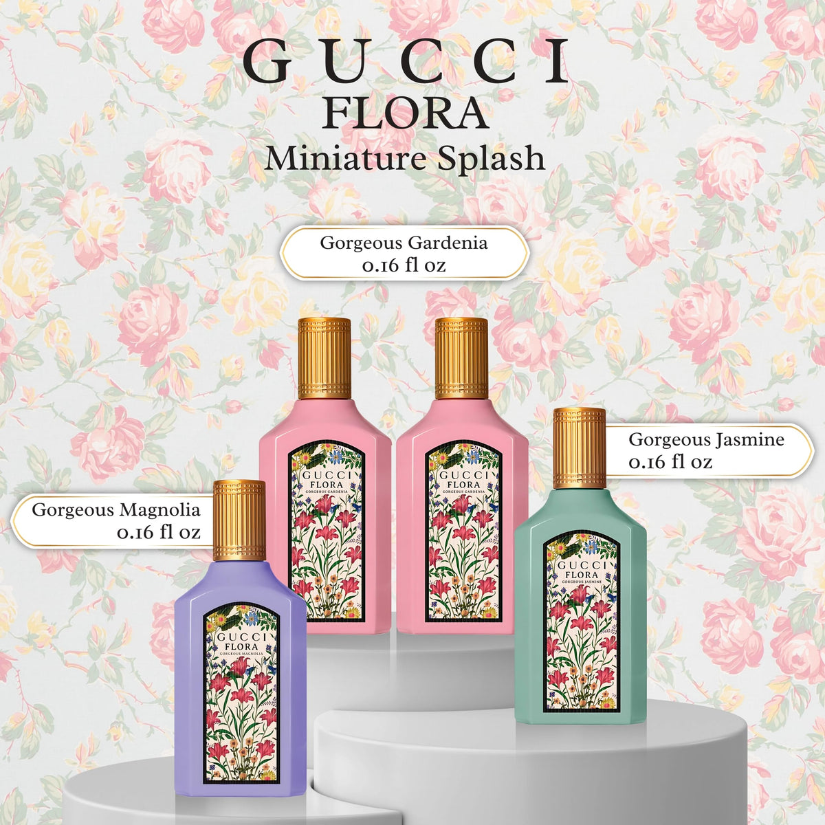 Close-up of Gucci Flora Gorgeous Gardenia EDP bottle
